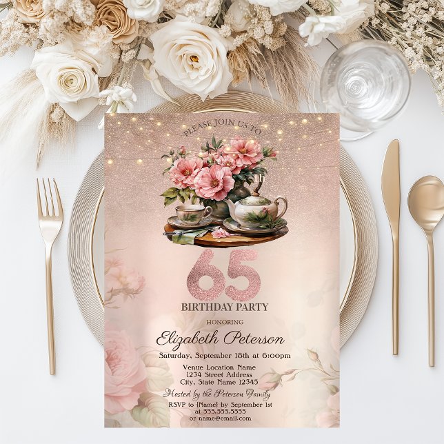 Invitation Fleurs Tea Cup Pailletées Rose Doré 65ème (Créateur téléchargé)