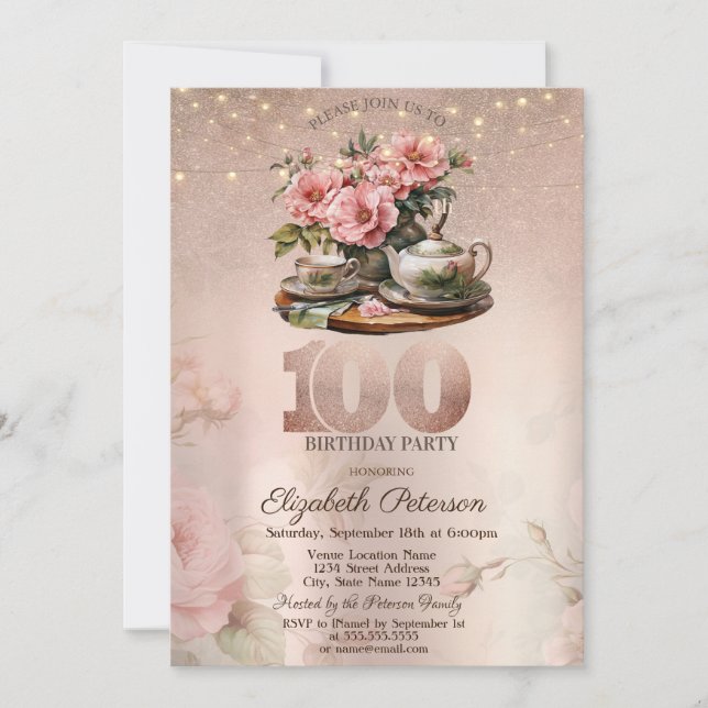Invitation Fleurs Tea Cup Paillettes Or Rose 100ème (Devant)