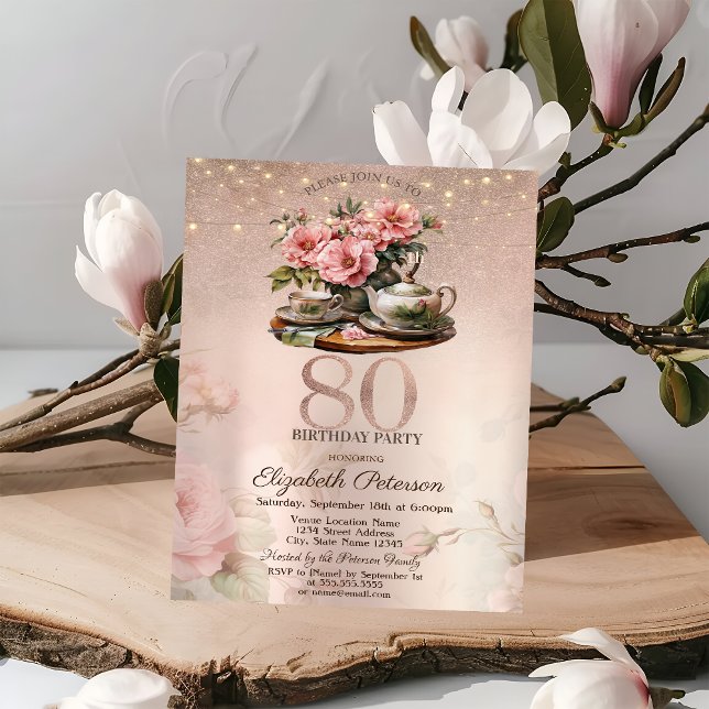 Invitation Fleurs Tea Cup Paillettes Rose Gold 80e Anniversai (Créateur téléchargé)