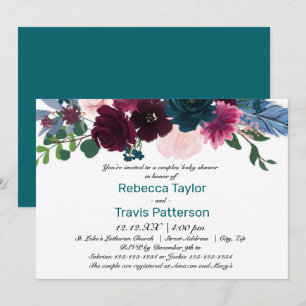 Invitation Fleurs Teintes en Turquoise - Baby Shower pour Cou
