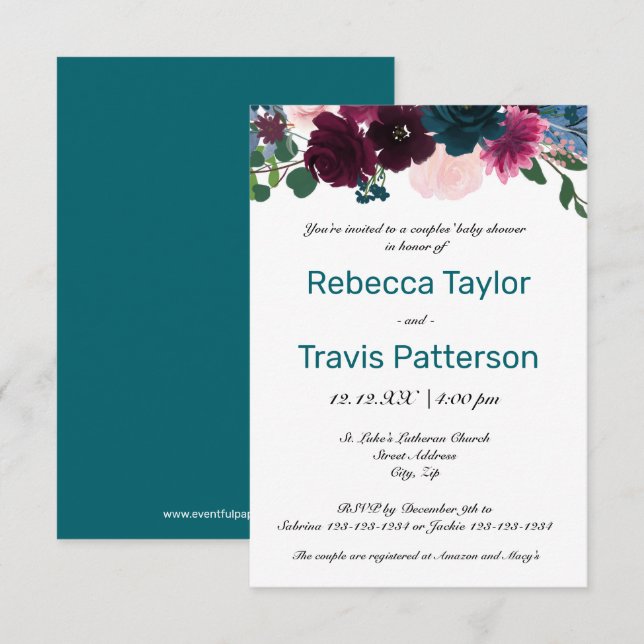 Invitation Fleurs Teintes Saphyr - Baby Shower pour couples 3 (Devant / Derrière)