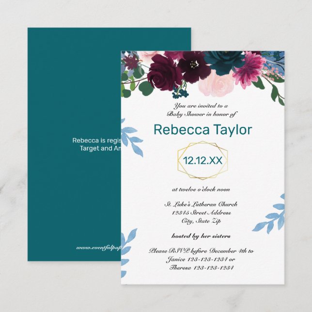 Invitation Fleurs Teintes Saphyrin Vertical - Baby Shower 3x5 (Devant / Derrière)