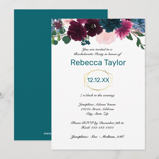 Invitation Fleurs Teintes Sarcelle - Enterrement de Vie de Je (Devant / Derrière)