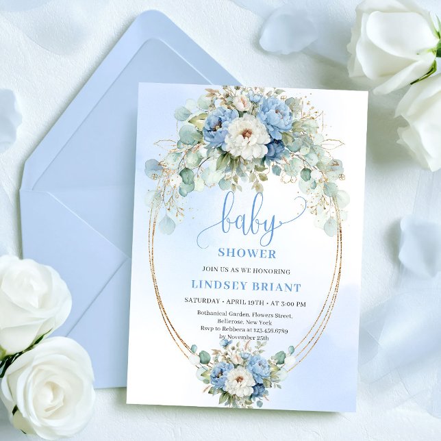 Invitation Fleurs Tendance Bleu Clair Baby Shower  (Trendy Light Blue Flowers Greenery Baby Shower Invitation)