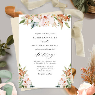 Invitation Fleurs terreuses et Butterie Beige Mariage élégant