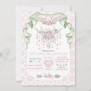Invitation Fleurs Tribales Cornes de Taureau Flèches Rose Men