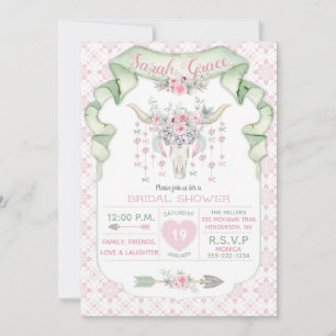 Invitation Fleurs Tribales Cornes de Taureau Flèches Rose Men