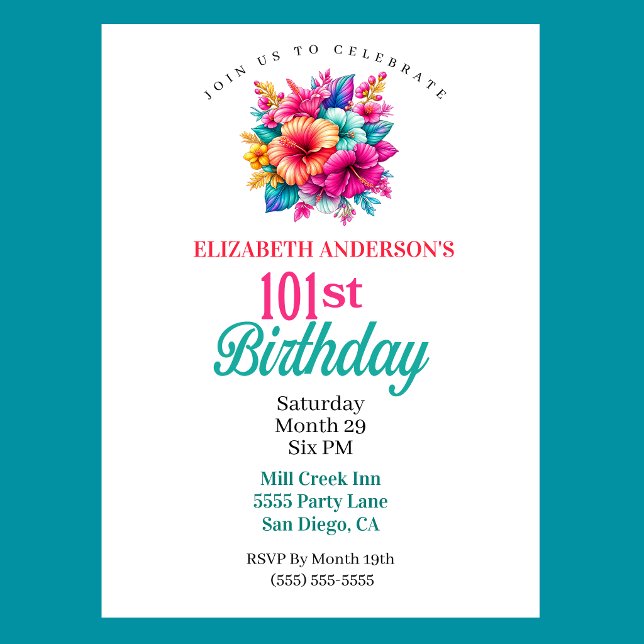 Invitation Fleurs Tropicales 101e Anniversaire (Tropical Flowers 101st Birthday Invitation For Women.)