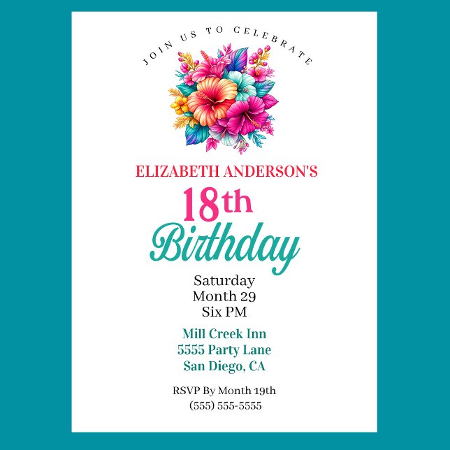 Invitation Fleurs tropicales 18e anniversaire (Pretty Tropical Flowers 18th Birthday Invitation For Girls)
