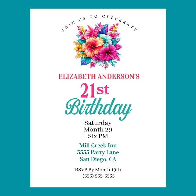 Invitation Fleurs Tropicales 21e Anniversaire (Tropical Flowers 21st Birthday Invitation For Women.  )