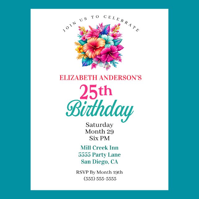 Invitation Fleurs Tropicales 25e Anniversaire (Tropical Flowers 25th Birthday Invitation For Women.  )