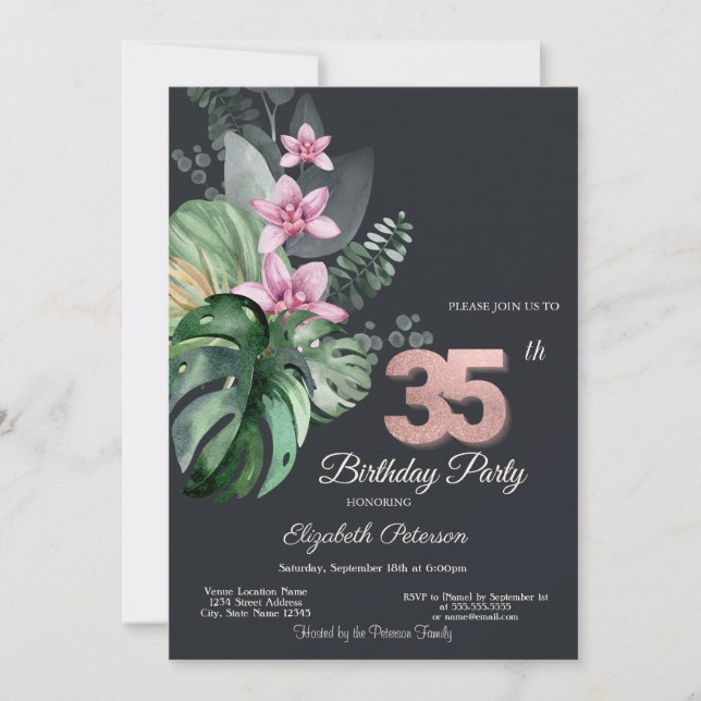 Invitation Fleurs Tropicales 35e Anniversaire Sombre (Devant)