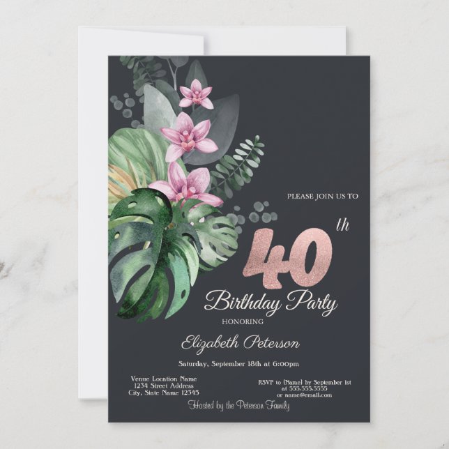 Invitation Fleurs Tropicales 40e Anniversaire Sombre (Devant)