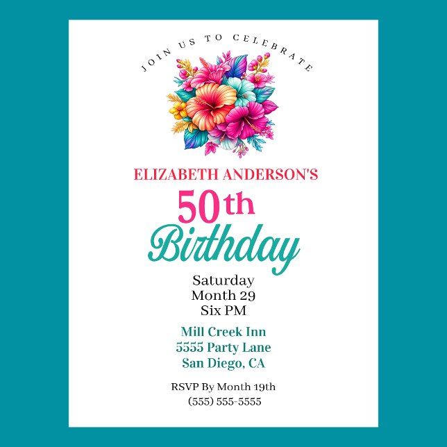 Invitation Fleurs Tropicales 50e Anniversaire (Tropical Flowers 50th Birthday Invitation For Women.  )