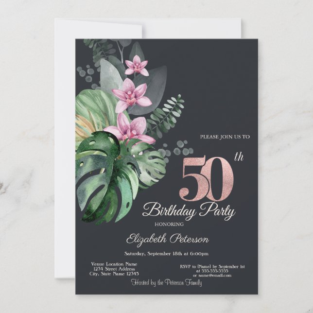Invitation Fleurs Tropicales 50e Anniversaire Sombre (Devant)