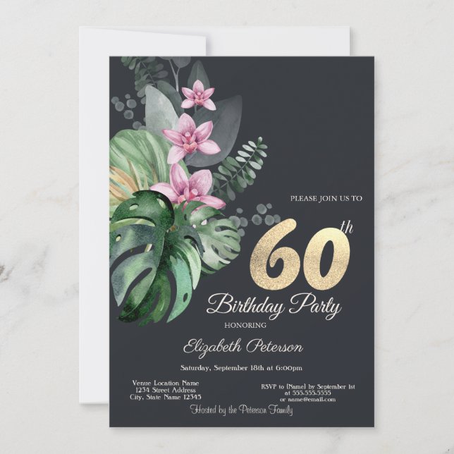 Invitation Fleurs Tropicales 60e Anniversaire Sombre (Devant)