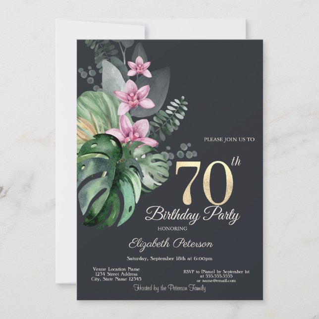 Invitation Fleurs Tropicales 70 ans Anniversaire Sombre (Devant)