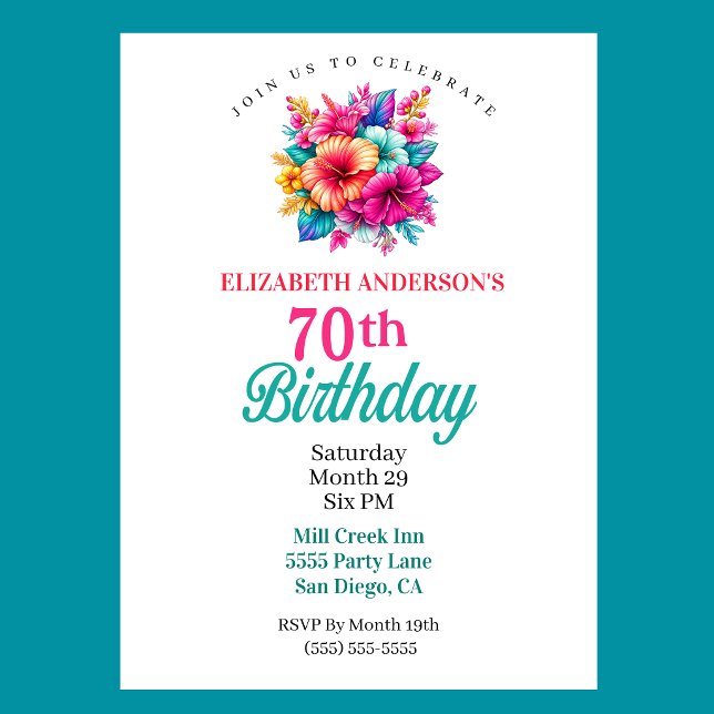 Invitation Fleurs tropicales 70e anniversaire (Tropical Flowers 70th Birthday Invitation For Women.)