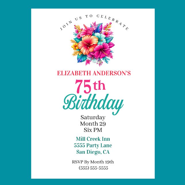 Invitation Fleurs Tropicales 75e Anniversaire (Tropical Flowers 75th Birthday Invitation For Women.)