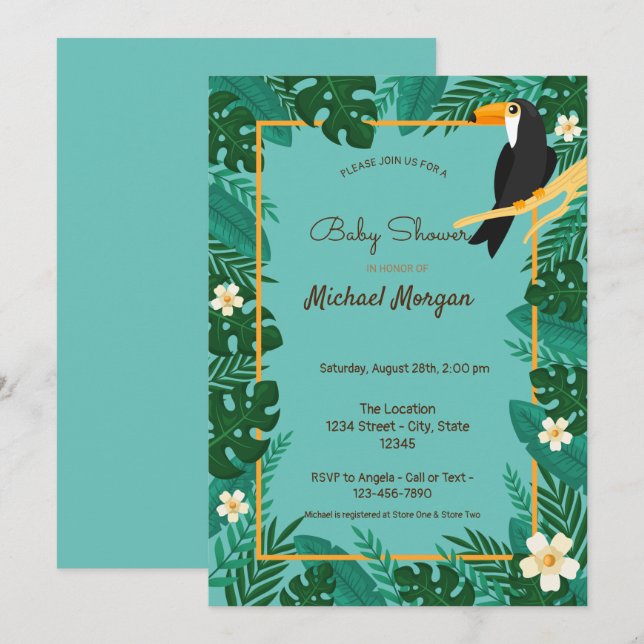 Invitation Fleurs tropicales, Baby Shower Animaux (Devant / Derrière)