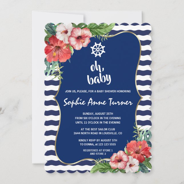 Invitation Fleurs tropicales BABY SHOWER des rayures de la Ma (Devant)