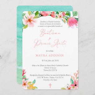 Invitation Fleurs tropicales Bautizo Girl Baptiser en espagno