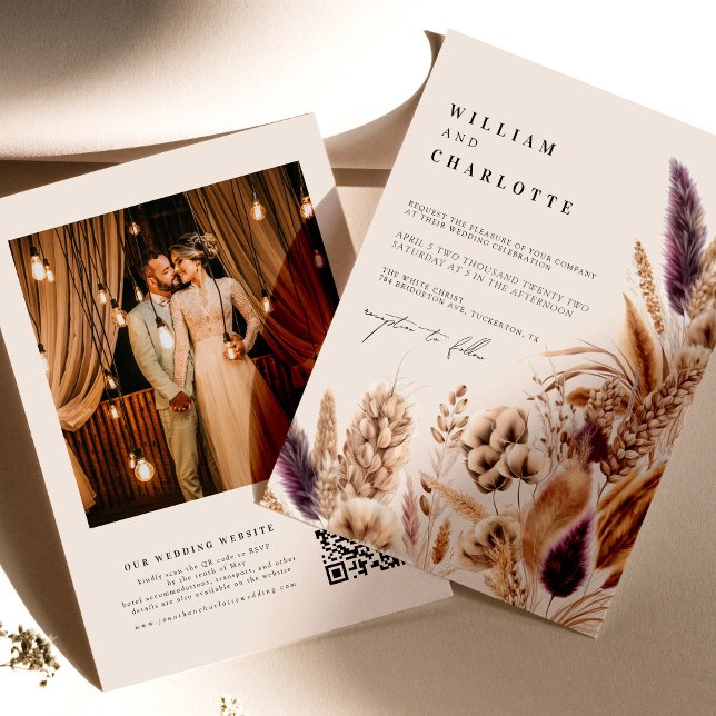 Invitation Fleurs tropicales beige et mauve Mariage bohème (Créateur téléchargé)