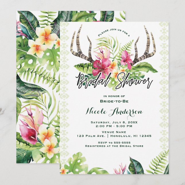Invitation Fleurs Tropicales Bohème Rustique Ramure Lancement (Devant / Derrière)