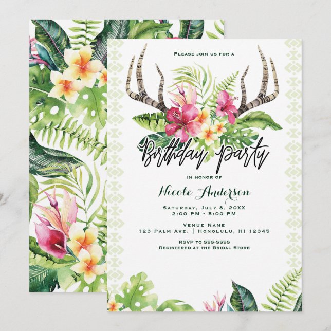 Invitation Fleurs Tropicales Boho Rustique Cerf Anniversaire (Devant / Derrière)