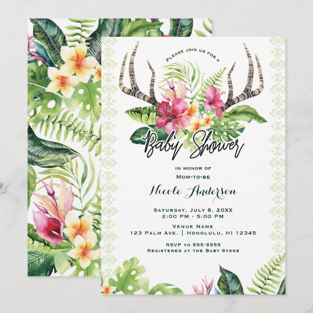 Invitation Fleurs tropicales Boho Rustique Ramure Bébé Shower (Devant / Derrière)