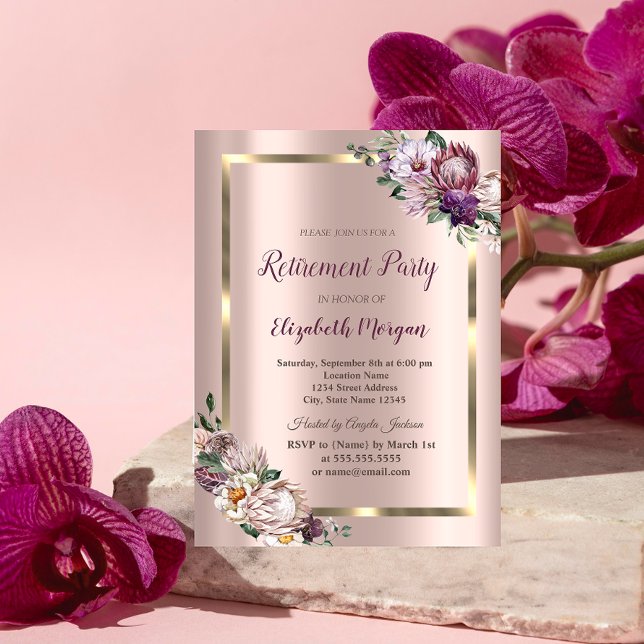 Invitation Fleurs tropicales Cadre doré,Rose Gold Retraite  (Créateur téléchargé)