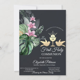 Invitation Fleurs tropicales Chalice Première Communion saint