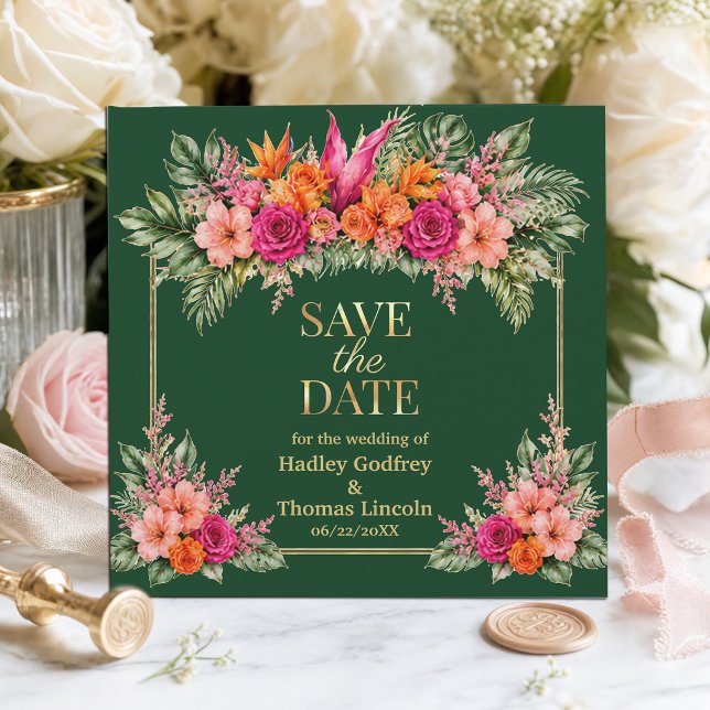 Invitation Fleurs tropicales colorées | Hibiscus et verdure (#SaveTheDate #TropicalWedding #DestinationWedding #BeachWedding #WeddingStationery #WatercolorFlower)