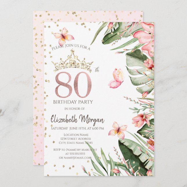 Invitation Fleurs tropicales Diamants Feuille 80e anniversair (Devant / Derrière)