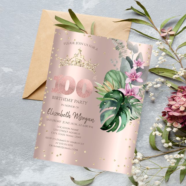 Invitation Fleurs Tropicales Diamants Or Rose 100e Anniversai (Créateur téléchargé)