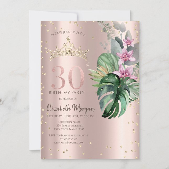 Invitation Fleurs Tropicales Diamants Or Rose 30e Anniversair (Devant)