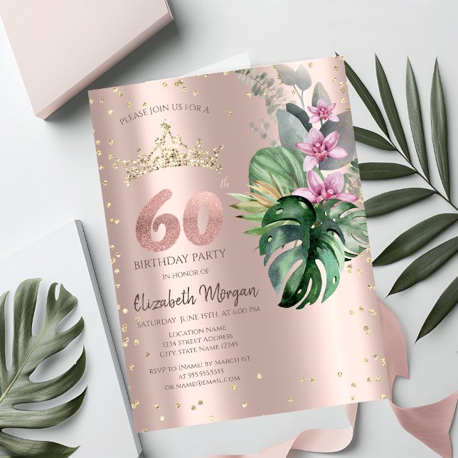 Invitation Fleurs Tropicales Diamants Or Rose 60e Anniversair (Créateur téléchargé)