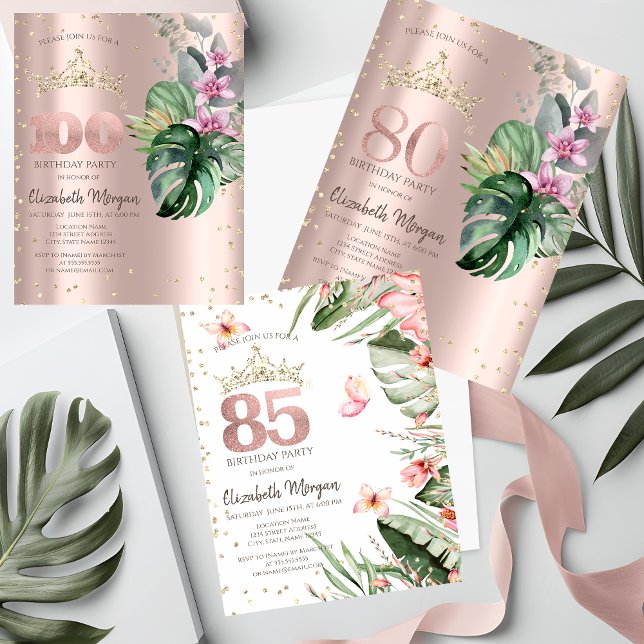 Invitation Fleurs Tropicales Diamants Or Rose 80ème Anniversa (Créateur téléchargé)