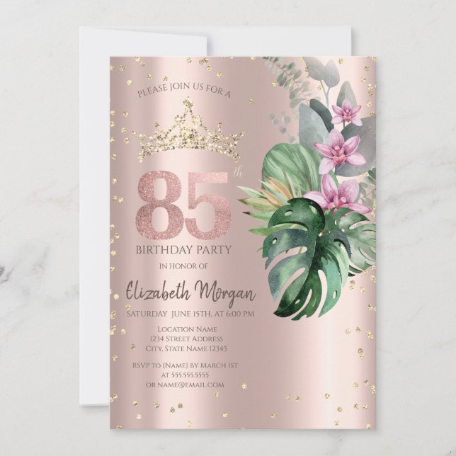 Invitation Fleurs Tropicales Diamants Or Rose 85e Anniversair (Devant)
