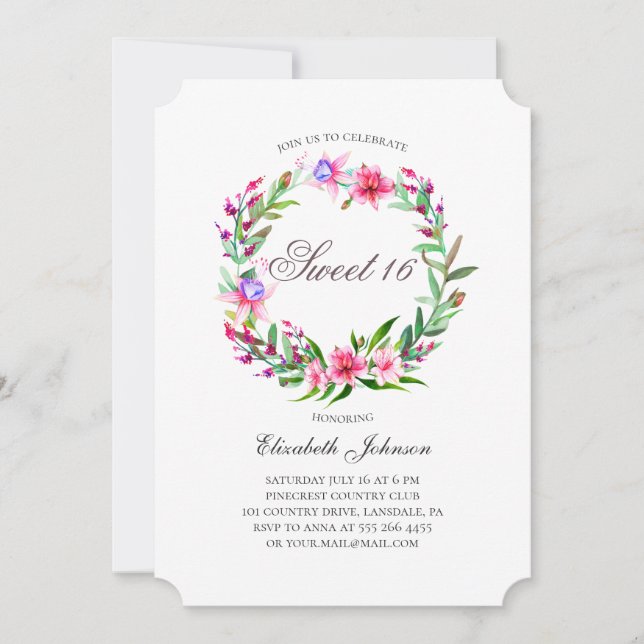 Invitation Fleurs tropicales douces 16. Aquarelle rose floral (Devant)