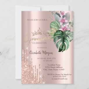 Invitation Fleurs tropicales en goutte de paillettes de rose 