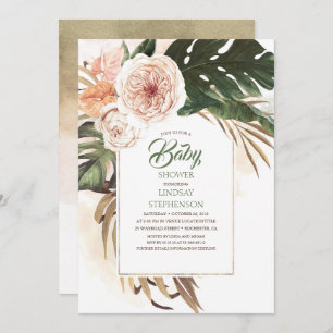 Invitation Fleurs tropicales et Baby shower en feuille de pal