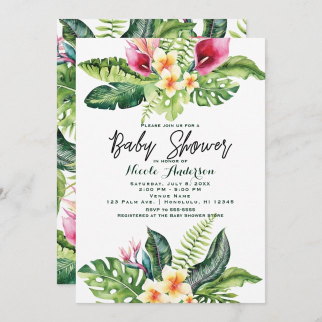 Invitation Fleurs tropicales et Baby shower Floral Feuille (Devant / Derrière)