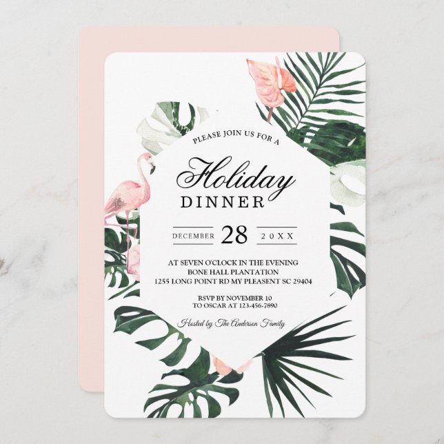 Invitation Fleurs tropicales et beauté Flamant rose rose (Devant / Derrière)