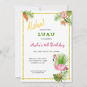 Invitation Fleurs tropicales et Flamant rose Anniversaire Lua