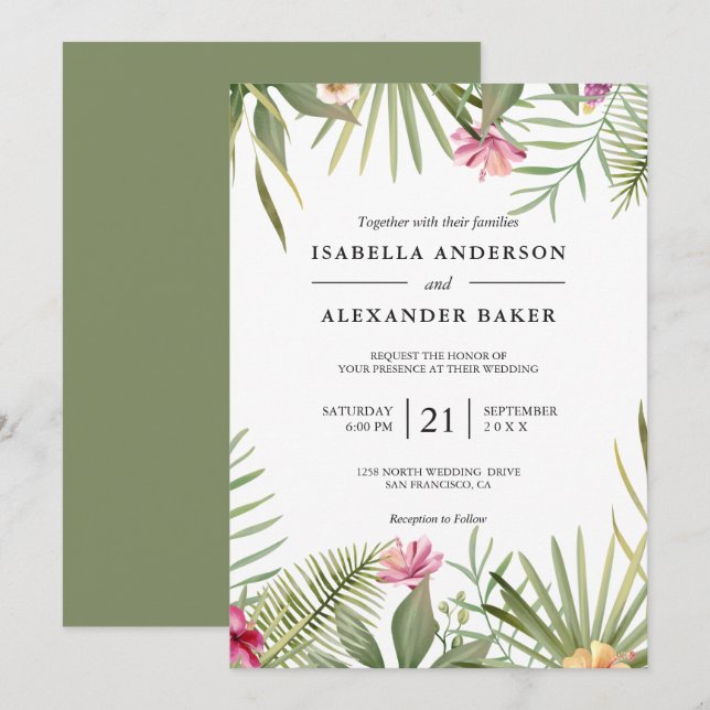 Invitation Fleurs Tropicales Et Mariage Feuille (Devant / Derrière)