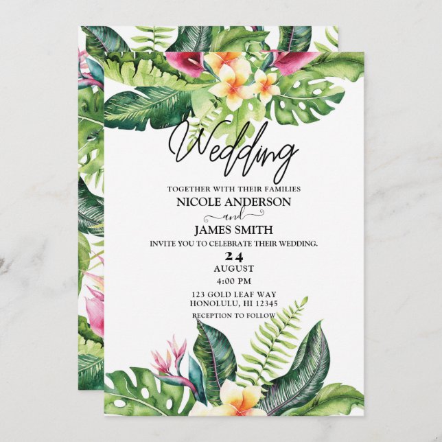 Invitation Fleurs tropicales et Mariage floral Feuille (Devant / Derrière)