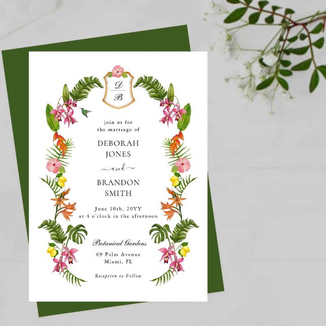 Invitation Fleurs tropicales et monogramme feuillu (Créateur téléchargé)