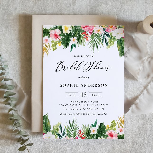 Invitation Fleurs tropicales et verdure Fête des mariées d'ét (Tropical Bridal Shower Invitation – Watercolor Flowers and Greenery Bridal Shower Invitation)