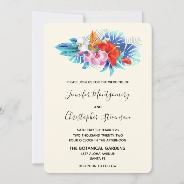 Invitation Fleurs tropicales exotiques - Mariage rose et aqua (Devant)